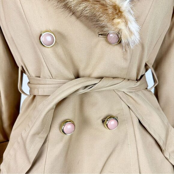 Vintage 1970 Penny Lane Racoon Fur Trim Coat Jacket Winter Waist Tie Trench - Picture 3 of 11